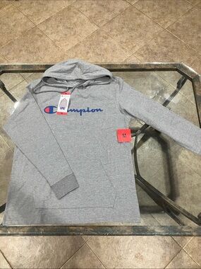 Champion Gray Hoodie with Blue & Red Logo